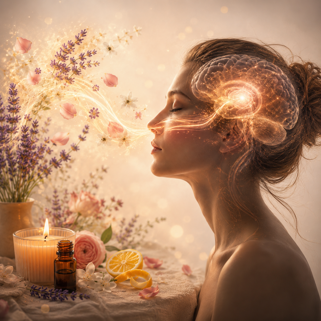 Vela aromática y bouquet de flores de cera para crear recuerdos a través del olfato
