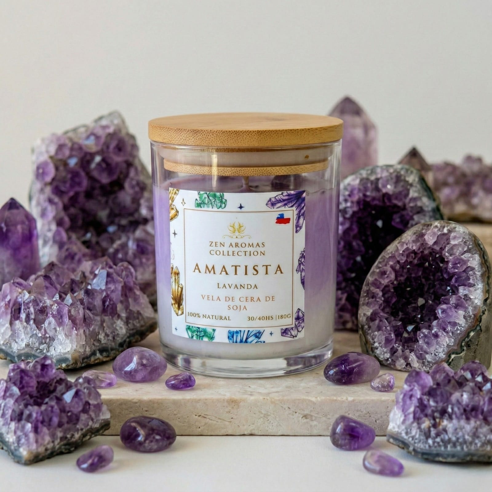 Velas terapéuticas con cuarzos naturales Zen Aromas
