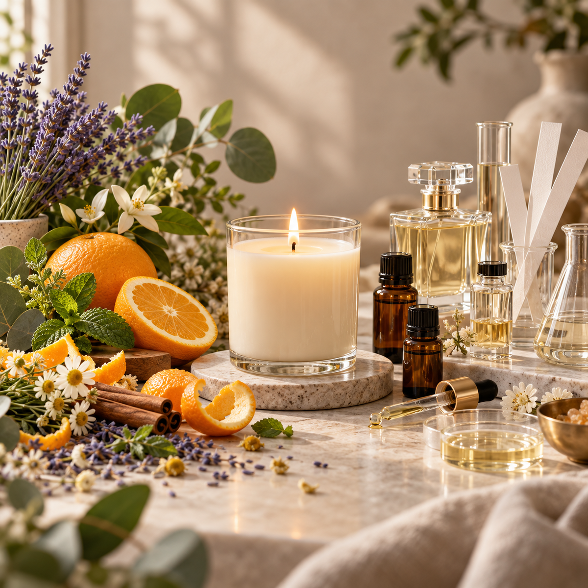 Ingredientes naturales y vela aromática para explicar fragancias naturales y de laboratorio