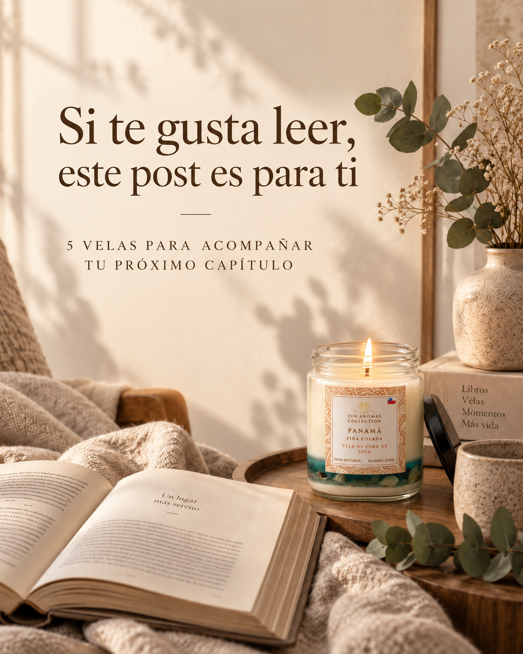 Velas aromáticas de soja para acompañar momentos de lectura en casa