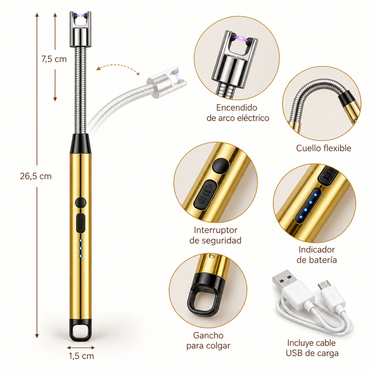 Encendedor Eléctrico Dorado para Velas | USB Recargable